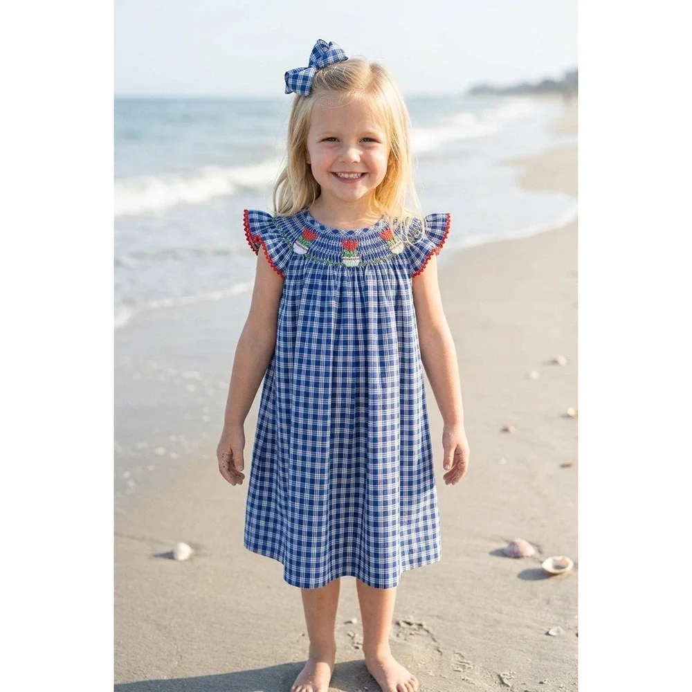 Silly Goose Baby Girls Hand Smocked Dress Bishop 9 Months 9M Blue Red Gingham